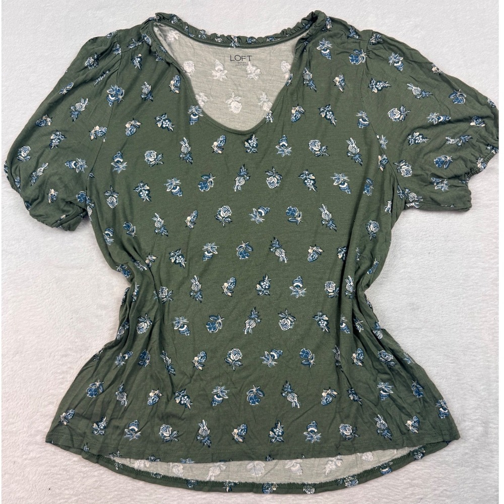 Loft Outlet Olive Green Floral Puff Sleeve Ruffle Neck Knit Top Large